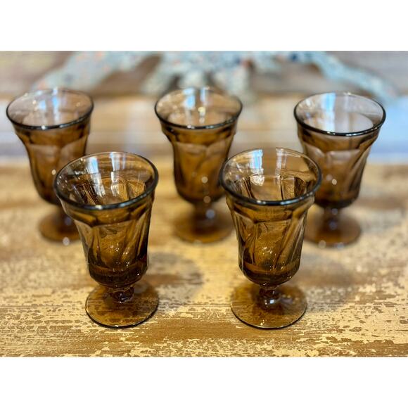 Vintage Fostoria Jamestown Amber Glassware – Goblets, Wine, Sherbets, Creamer - Picture 3 of 5